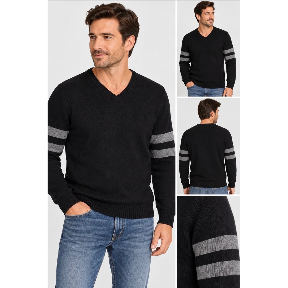 Gap Mens XL Black 100% Lambswool V-Neck Varsity Stripe Sweater